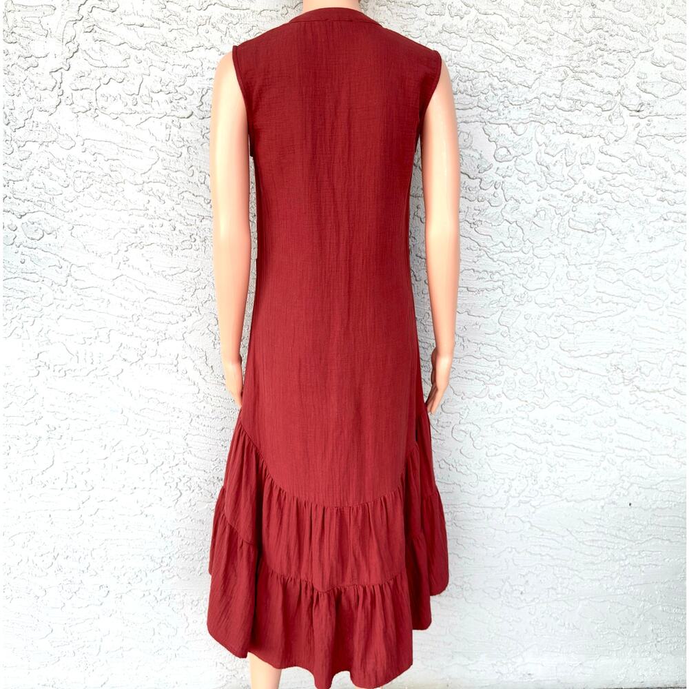 Drew Women's Rust Tiered High Low Midi Shirt Dress XS Cotton Gauze Button Front - Picture 7 of 12